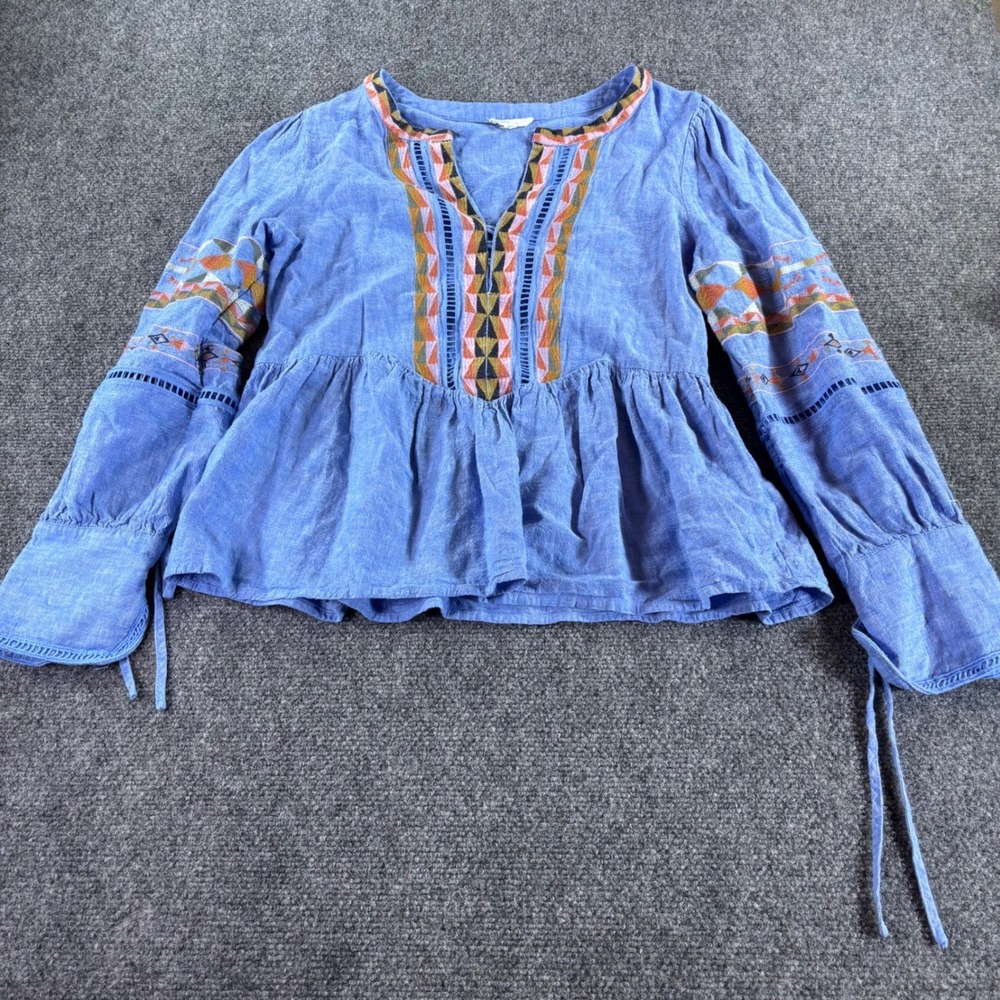 A Loves A Peplum Blouse Womens Medium Blue Embroidered Linen Blend Boho Top